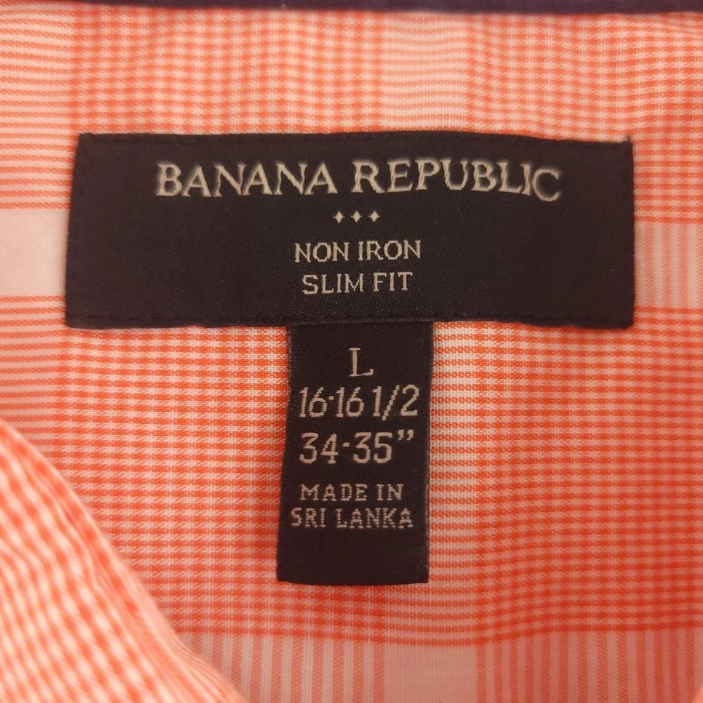 Banana Republic‎ Dress Shirt Mens 16.5 34/35 Orange Plaid Slim Fit Non Iron
